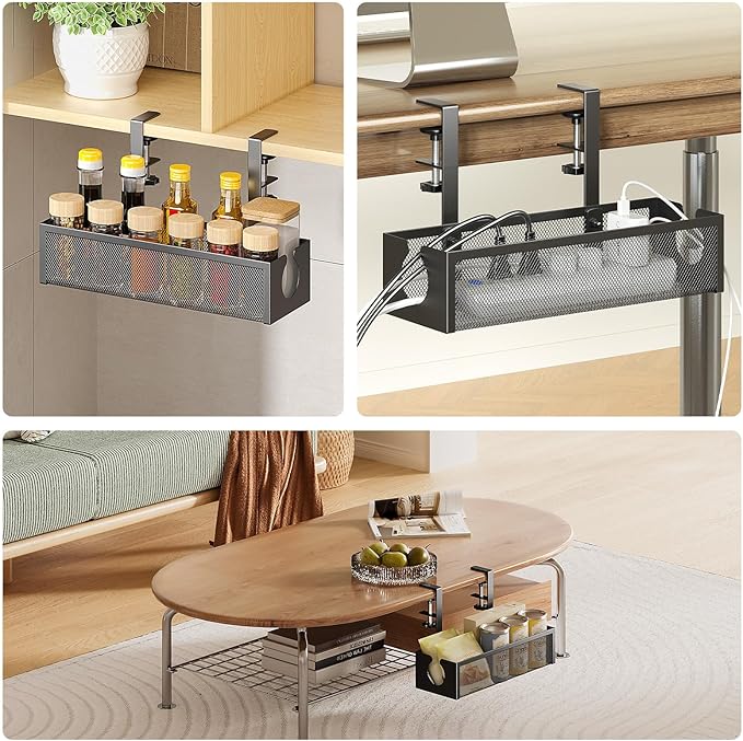 DELAMU Under Desk Cable Management Tray, No Drill Metal Mesh Cable Management Under Desk with F-Clamp Mount & 2 Open Holes, Cord Organizer for Home Office, 1 Pack, Black