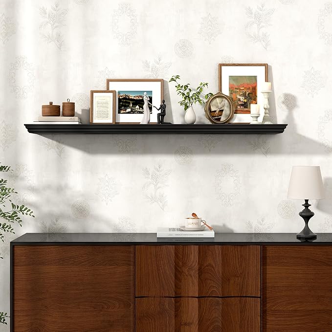 Axeman 48 Inch Floating Shelves for Wall, 9.3" Deep Crown Molding Wood Display Shelf with Heavy Duty Invisible Brackets for Living Room, Bedroom, Bathroom, Kitchen Decor & Storage, Set of 1, Black