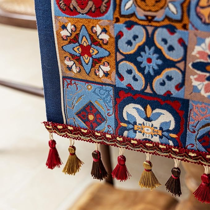 13×72 Inch Table Runner, Retro-Luxury Tassels Series for Kitchen Dining Table Holiday Decoration (Ethnic Blue)