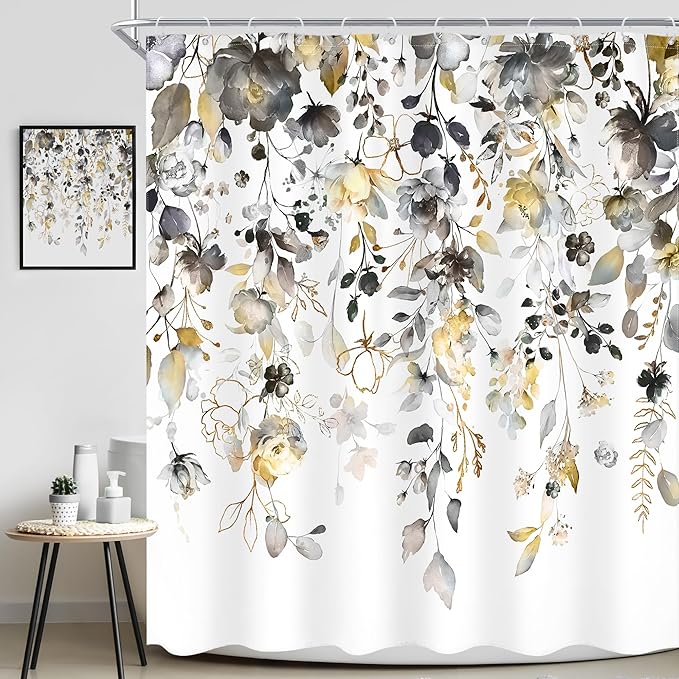 Yellow Grey Floral Shower Curtain 72Wx72L Inch Gray Flower Pastel Rustic Eucalyptus Leaf Watercolor Country Bathroom Set Plant Botanical Bath Curtain Bathtub Accessories Home Decor