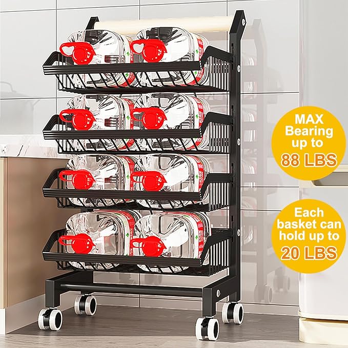 4-Tier Kitchen Utility Cart with Wheels - Versatile Mobile Storage Organizer with Adjustable Baskets for Kitchen, Pantry, Fruits, Vegetables, Snacks