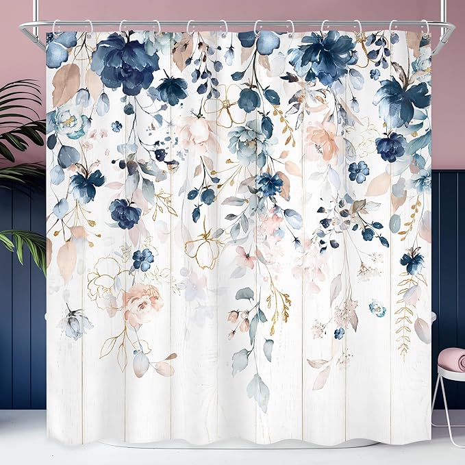 Rustic Floral Shower Curtain 72Wx72L Inch Spring Summer Blue Flower Pink Wildflower Plant Botanical Bathroom Set Boho Wooden Board Eucalyptus Leaf Bath Curtain Bathtub Accessories Home Decor