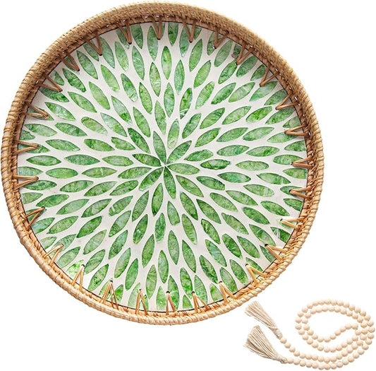 14 inch Round Rattan Tray Home Decor with Wood Bead Garland, Wicker Serving Tray with Mother of Pearl Inlay, Boho Decorative Tray for Coffee Table, Display, Ottoman, Kitchen Table, Bathroom (Green)