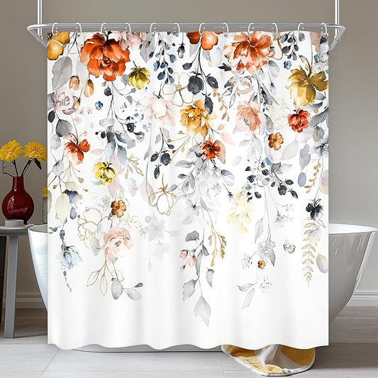 Yellow Orange Floral Shower Curtain 60Wx72L Inch Flower Pastel Watercolor Rustic Eucalyptus Leaf Bathroom Set Country Plant Botanical Shabby Bath Curtain Bathtub Accessories Home Decor