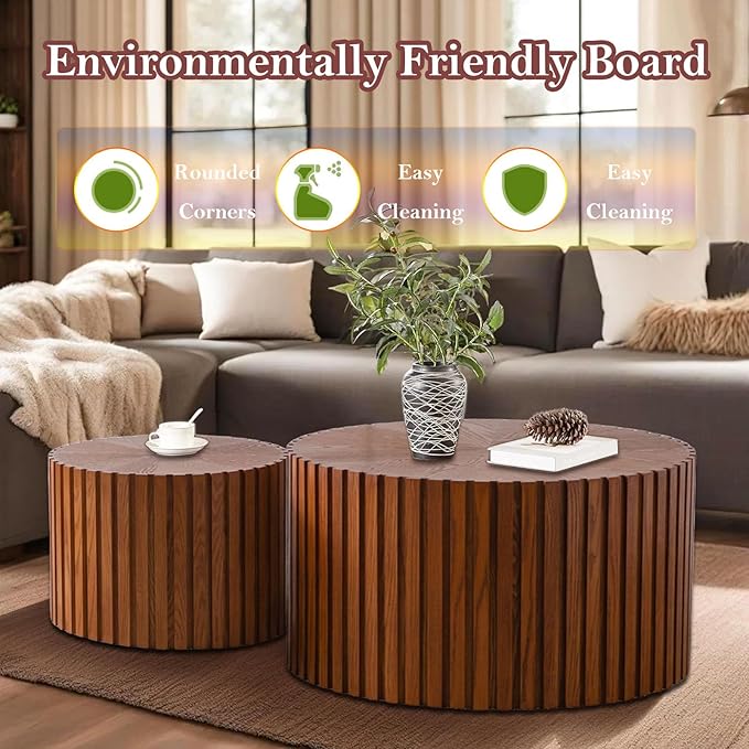 Handcraft Round Nesting Coffee Table - Chic Wave Stripe Edge, Modern Stylish Walnut Wooden Circle Fluted Center Table for Living Room (27.6in+19.7in)