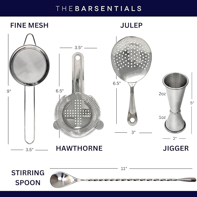 Cocktail Strainer Set Stainless Steel Bar Tools with Stirring Spoon - Hawthorne, Julep, Fine-Mesh and Jigger for Drinks