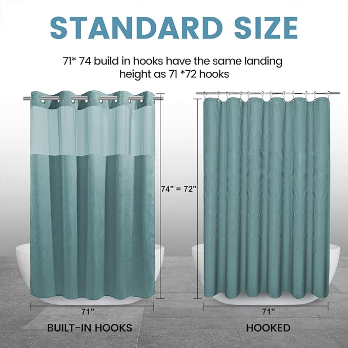 Teal No Hook Shower Curtain with Snap in Liner,230GSM Waffle Weave Shower Curtains for Bathroom,71W x 74H