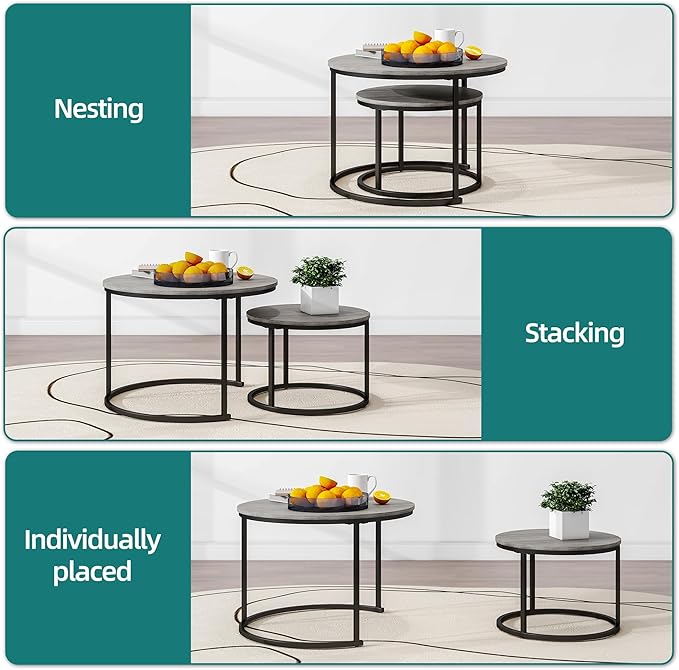 HOJINLINERO Nesting Round Coffee Table Set of 2 End Tables for Living Room,Grey Coffee Table Wooden Accent Furniture with Metal Frame,Stacking Side Tables,Black+Warm Grey