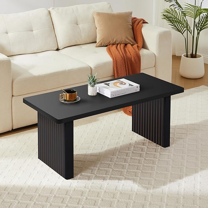 AVZEAR 43Inch Fluted Wooden Coffee Table for Living Room, Mid Century Modern Coffee Table with Sturdy Fluted Legs & Rounded Corner, Curved Rectangle Center Table for Home, Office, Cafe, Black