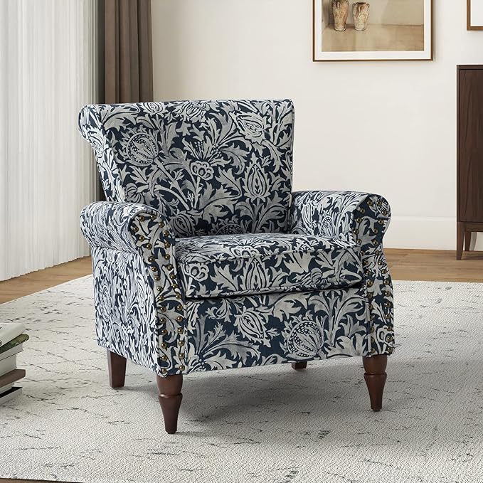 HULALA HOME Modern Wingback Accent Chair with Wood Legs & Removable Cushion, Comfy Upholstered Armchair with Nailhead Trim, Floral Pattern Single Sofa Chair for Living Room Bedroom, Navy