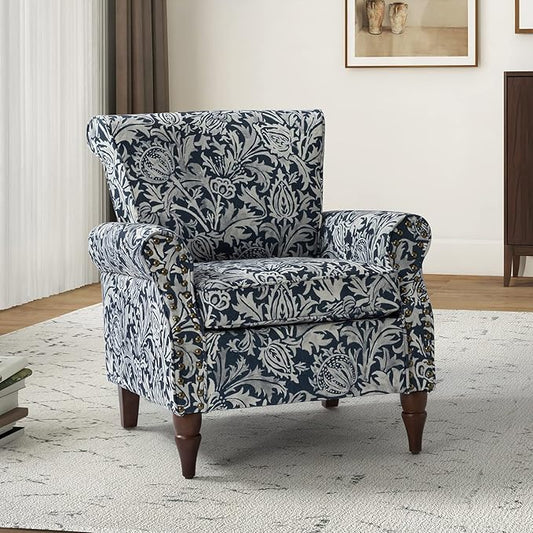 HULALA HOME Modern Wingback Accent Chair with Wood Legs & Removable Cushion, Comfy Upholstered Armchair with Nailhead Trim, Floral Pattern Single Sofa Chair for Living Room Bedroom, Navy