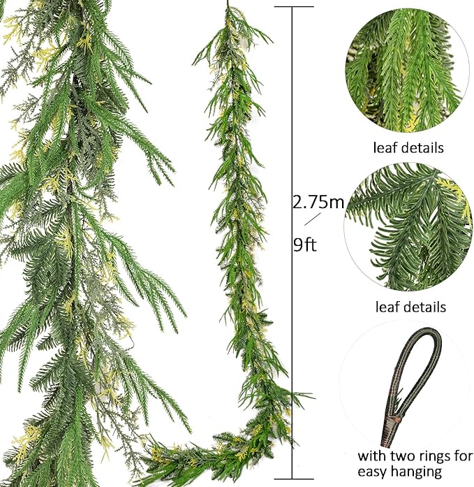 9ft Handmade Christmas Garland,Artificial Cypress Cedar Pine Needles Greenery Seasonal Garland for Christmas Fireplace Winter Holiday Indoor Outdoor Decoration
