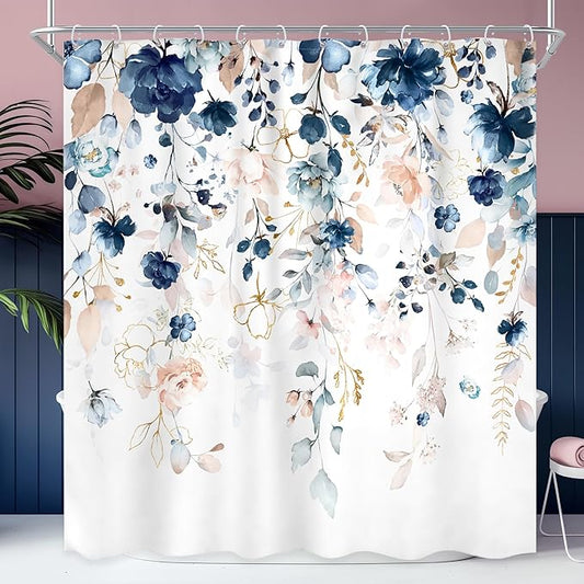Extra Long Flower Shower Curtain 72Wx78H Inch Spring Blue Pink Floral Wilfflower Rustic Eucalyptus Leaf Boho Plant Botanical Bathroom Set Country Bath Curtain Bathtub Accessories Home Decor