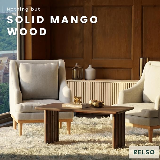 Bambos Coffee Table - Solid Mango Wood Center Table – Handcrafted Living Room Furniture for Apartment, Patio, Home Decor - Compact Sofa Table, Easy Assembly, Modern Accent Piece with Walnut Finish