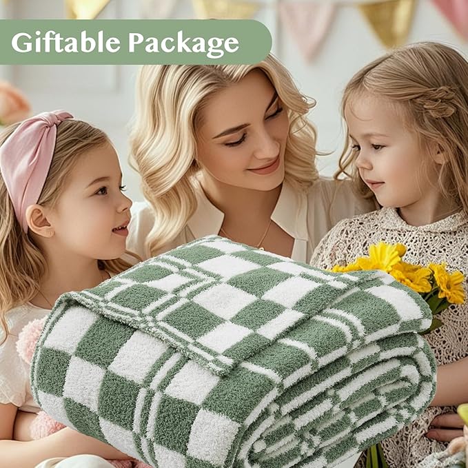 WRENSONGE Checkered Throw Blanket Olive Green Soft Cozy Fluffy Warm Hand Made Weave Throw Blankets for Couch, Sofa, Chair, Bed, Camping, Picnic, Travel Lightweight Bed Blanket - 60"*80"