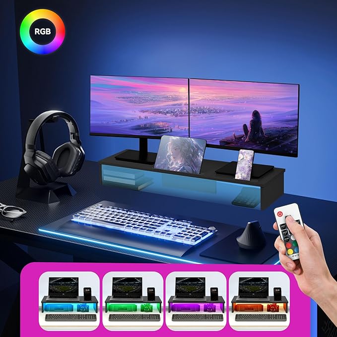 TV Riser Stand with LED Lights, 42.5in Super Large Monitor Stand with Phone Tablet Holder, Tabletop TV Stand Riser for Desk, Desktop Organizer for Computer, TV, Laptop, Printer