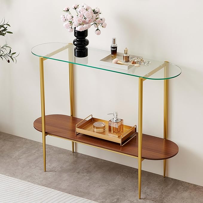 Oval Glass Console Table for Living Room, Foyer & Entrance, 2-Tiers Mid-Century Modern Sofa Table with Clear Glass Top, Walnut Finish Wood Shelf and Gold Finish Frame