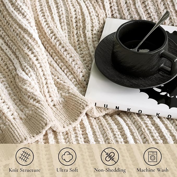 Amélie Home Striped Knit Throw Blanket for Couch, Dual-Sided Soft Chenille Decorative Blankets for Sofa & Chair, 50"x60", Khaki & White