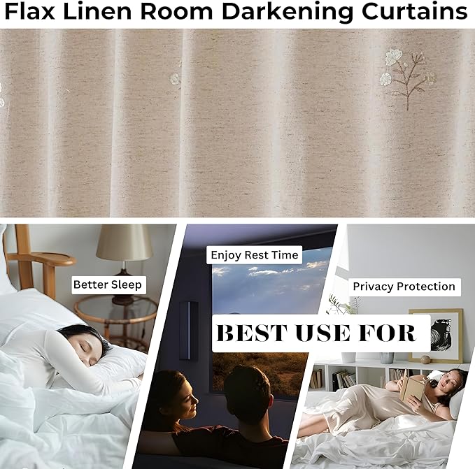 Bedding Craft Linen, Drapes, Linen Room Darkening, Flax Drapes, Natural, Taupe 84 inch Embroidered Curtains