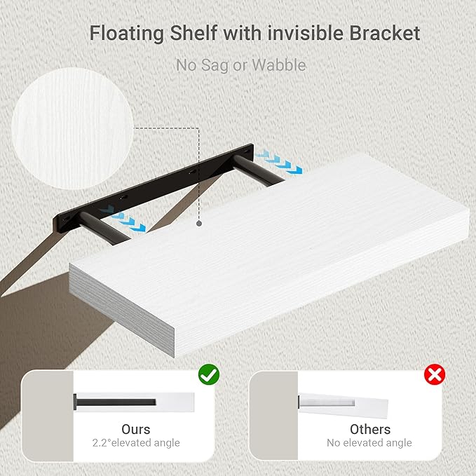 Vivelove Bathroom Floating Shelves for Wall, 16 inchs x 6.7” deep x 1.4” Wall Shelf for Bedroom, Living Room, Kitchen, Office Home Decor, Narrow Wood Shelves with Invisible Brackets - Set of 2, White