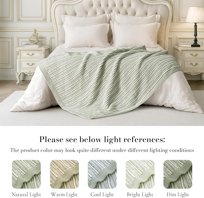 Amélie Home Striped Knit Throw Blanket for Couch, Dual-Sided Soft Chenille Decorative Blankets for Sofa & Chair, 50"x60", Sage Green & White