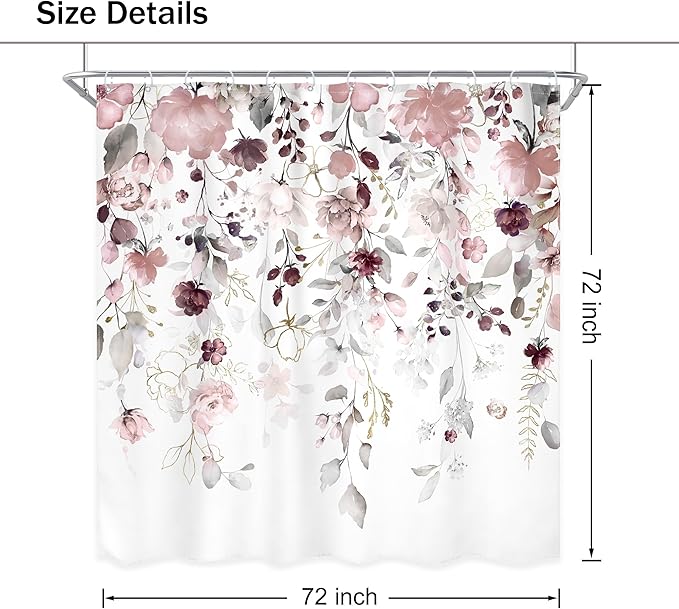 Floral Flower Shower Curtain 72Wx72L Inch Grey Pink Floral Blossom Leaves Girls Watercolor Eucalyptus Botanical Wildflower Plant Bathroom Set Rustic Bath Curtain Bathtub Accessories Home Decor