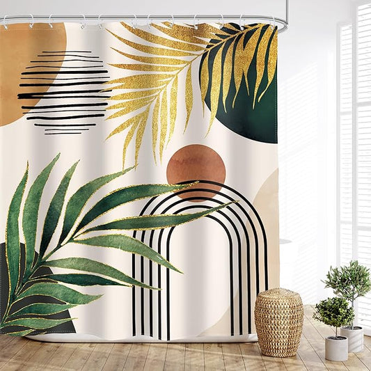 Glawry Boho Green Gold Shower Curtain Mid Century Tropical Palm Leaf Abstract Arch Bohemian Plant Botanical Bathroom Minimalist 60Wx72L Inches Bath Accessories Art Home Decor Fabric 12 Pack Hook