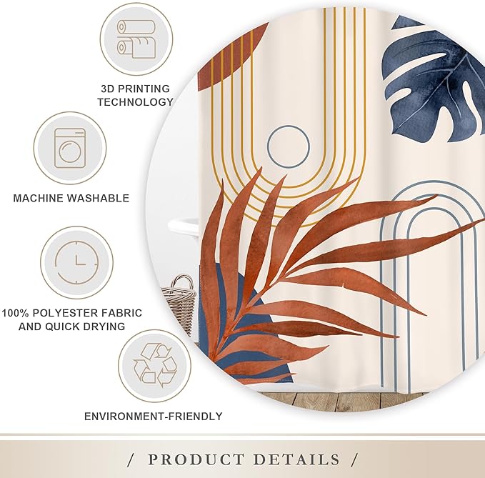 Glawry Abstract Tropical Shower Curtain Watercolor Navy Blue Brown Boho Palm Leaf Simple Minimalist Chic Bathroom Modern Botanical 60Wx72L Inches Bath Accessories Art Home Decor Fabric 12 Pack Hooks