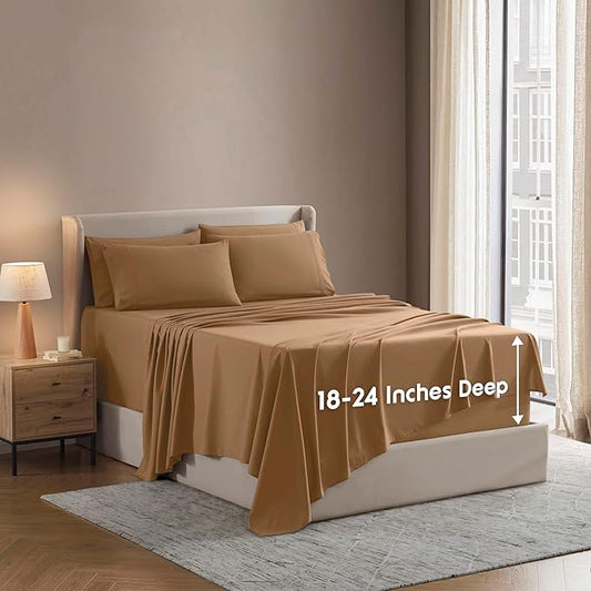 Nestl Extra Deep Full Sheet Set - 6 Piece Breathable & Cooling Sheets - Hotel Luxury Bedding Set w/18-24 Inch Deep Pockets - Easy & Secure Fit - Super Soft, Wrinkle Free & Comfy - Mocha Brown