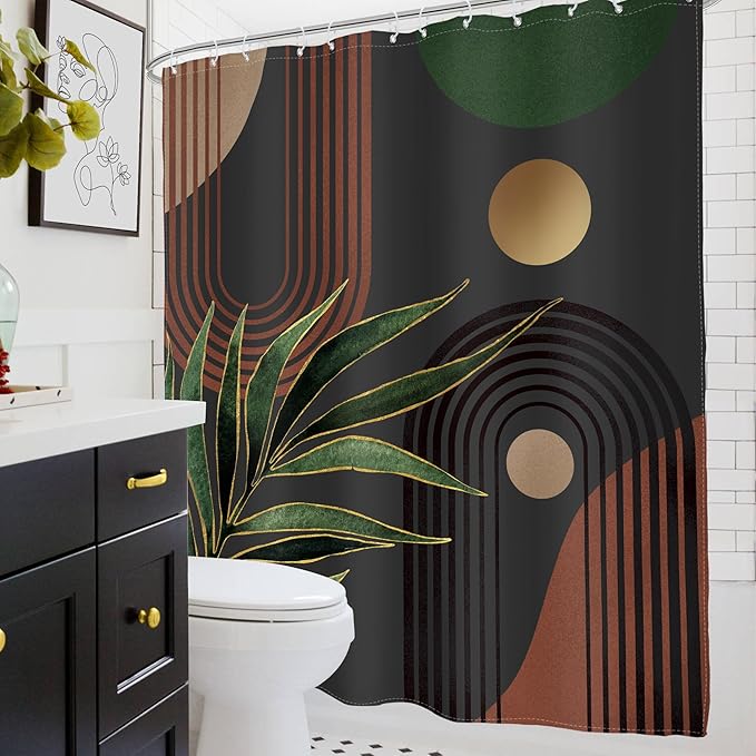 Glawry Dark Green Brown Boho Shower Curtain Abstract Mid Century Retro Tropical Leaves Modern Geometric Bathroom Minimalist Arch Sun 60Wx72L Inches Bath Accessories Art Home Decor Fabric 12 Pack Hooks