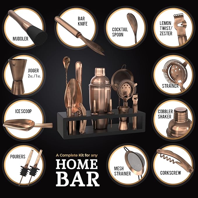 Highball & Chaser 13-Piece Cobbler Cocktail Shaker Set Matte Copper Stainless Steel Bartender Kit For Home Bar Cocktail Set Laser Engraved Cocktail Tools Plus E-Book with 30 Different Cocktail Recipes