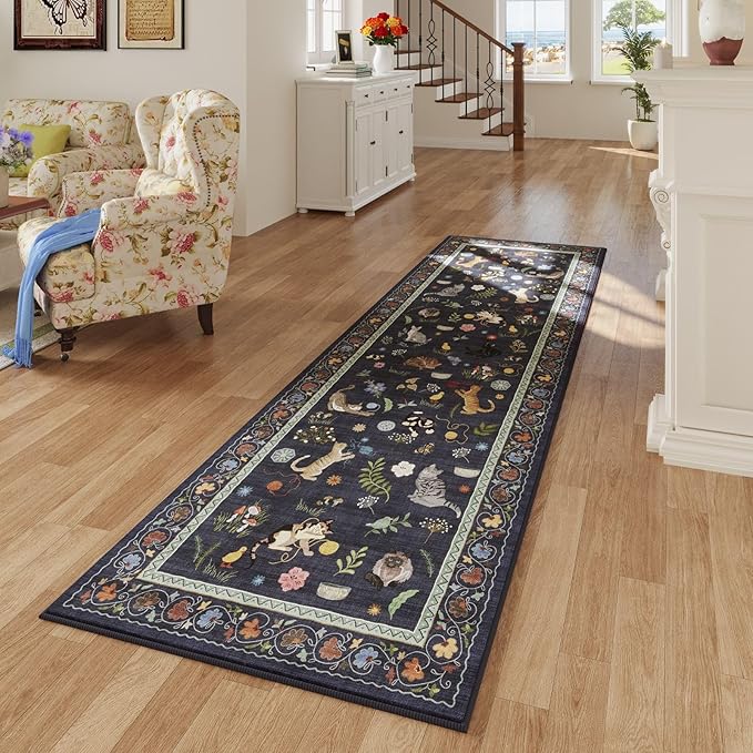 Rugcomf Runner Rug for Kitchen Non Slip 2'6''x8' Washable Rugs with Rubber Backing Soft Floral Animal Cat Carpet Runner for Kitchen Laundry Bedroom Bathroom, Cobalt Blue