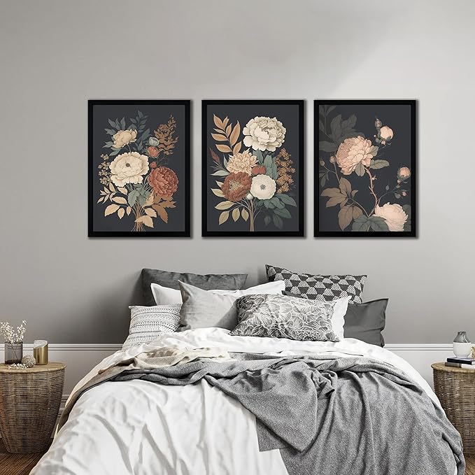 arfitest Vintage Floral Wall Art Dark Plant Canvas Wall Decoration Farmhouse Print Black Peony Painting Wall Decoration Moody Artwork For Living Room Bedroom 12x16 Inch Frame Three-Piece Set