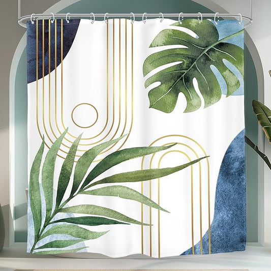 Glawry Boho Blue Green Shower Curtain Mid Century Abstract Tropical Palm Leaf Modern Minimalist Plant Botanical Bathroom Geometric 72Wx72L Inches Bath Accessories Art Home Decor Fabric 12 Pack Hooks
