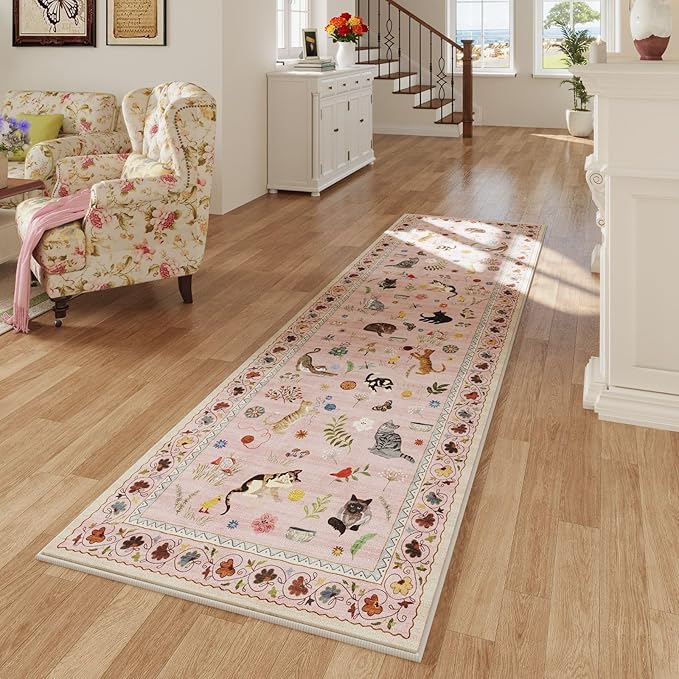 Rugcomf Runner Rug for Kitchen Non Slip 2'x6' Washable Rugs with Rubber Backing Soft Floral Animal Cat Carpet Runner for Kitchen Laundry Bedroom Bathroom, Pink