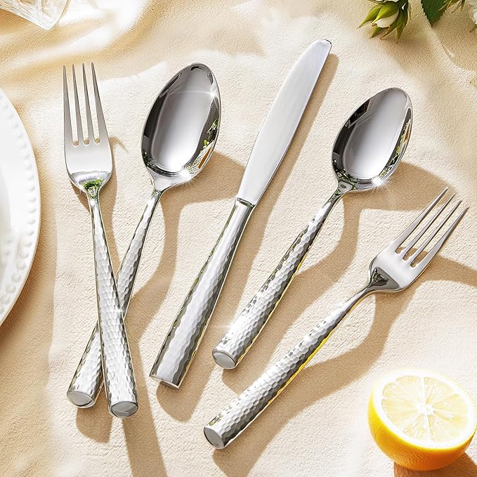 Kingstone Hammered Silverware Set, 40-Piece Flatware Set for 8, 18/10 Stainless Steel Heavy Duty Cutlery Set, Mirror Polished Utensil Sets for Home, Restaurant, wedding, Dishwasher Safe