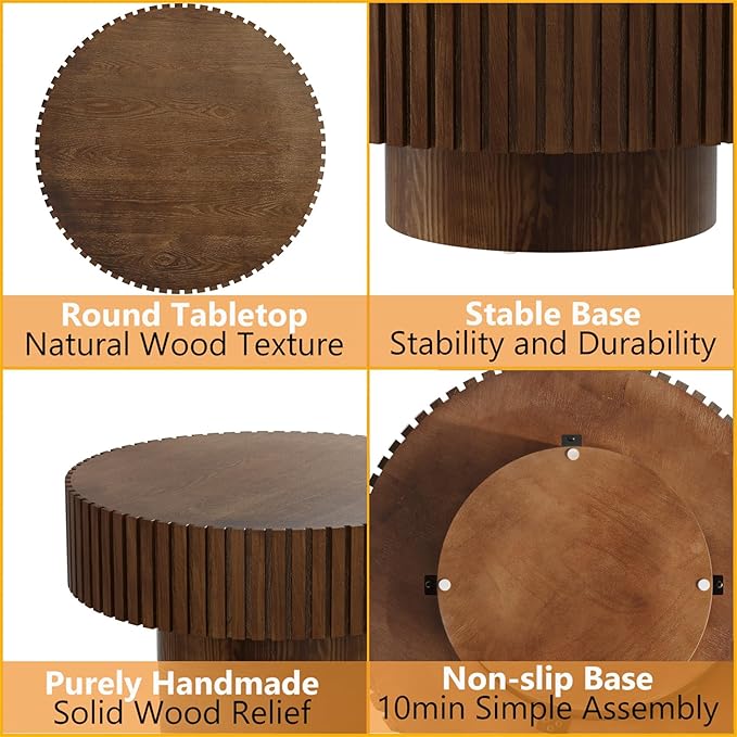 Modern Wood Round Coffee Table - Handcraft Drum Coffee Tables with Sturdy Base, Easy Assembly, Contemporary Style Small Coffee Table Tea Table for Living Room, Bedroom, Office (Brown Round)