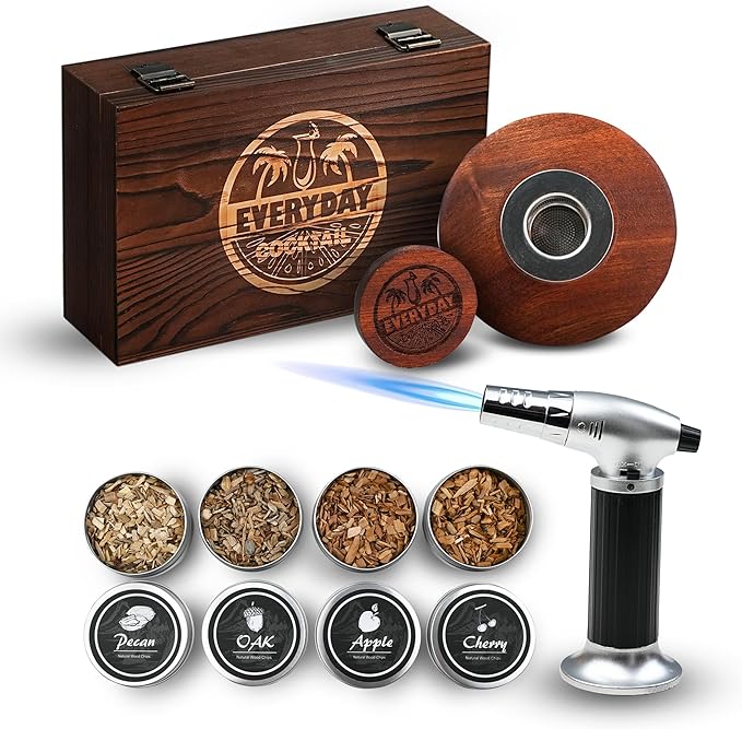 EVERYDAY COCKTAIL® | Whiskey Smoker Kit with Torch – Old Fashioned Smoker Kit with 4 Flavors Wood Chips – Deluxe Whisky Smoker Kit Gifts for Him Men Dad Gifts – Elegant Wooden Box Bourbon Smoker Kit