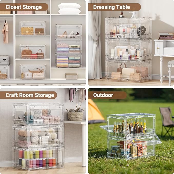 BROVIEW Clear Stackable Storage Bins Drawers, 320Qt Open Front Large Plastic Storage Bins with Lids and Wheels, Foldable Closet Organizers and Storage for Wardrobe Cabinets, Pantry, Makeup,4 Pack