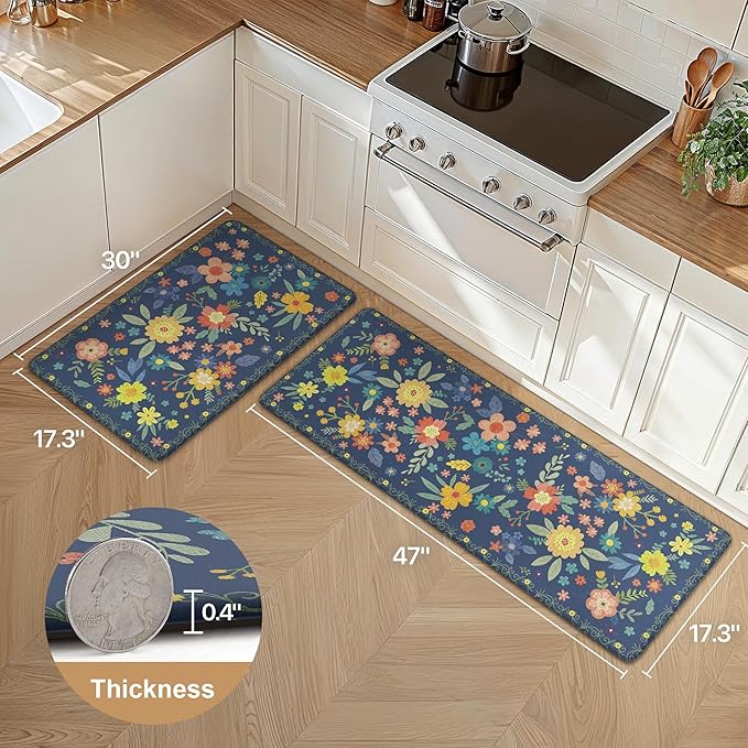 GENIMO Kitchen Mats for Floor 2PCS, Cushioned Kitchen Rugs Non Slip Washable, Farmhouse Anti Fatigue Mat Waterproof, Comfort Standing Mat Rug for Office, Home, Laundry, 17.3"x47"+17.3"x30", Navy