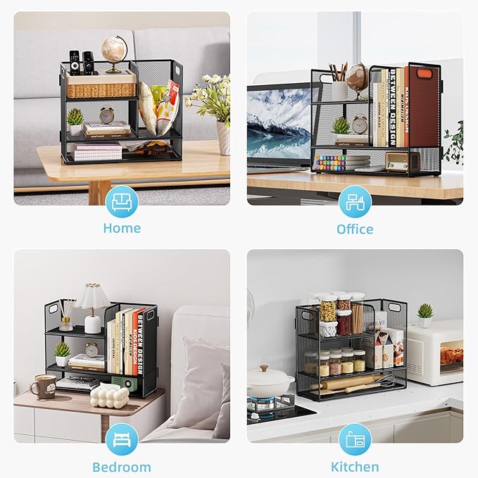 Marbrasse 3-Tier Desk Shelf Organizer with Handle, Desktop Bookshelf File Holder, Mesh Display Shelf Organizer Storage Rack for Office, Home, Supplies, Kitchen (Black)