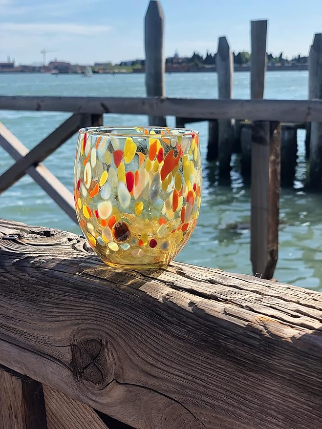MAZZEGA ART & DESIGN - Set of 6 Handcrafted Blown Glass Water Glasses with Refined and Original Murano Murrine - The Colors of Murano - 'Classic 9,8 oz' Model. Made in Italy (6, Yellow)