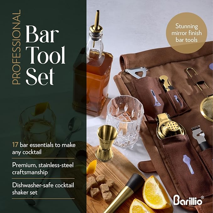 Barillio Bartender Kit Bag with Gold Cocktail Shaker Set - Waxed Canvas, Traveling Bar Tools Bag with 17-Pc Cocktail Kit - Travel Mixology Bartending Kits - Mobile Bar Roll with Strap & Accessories