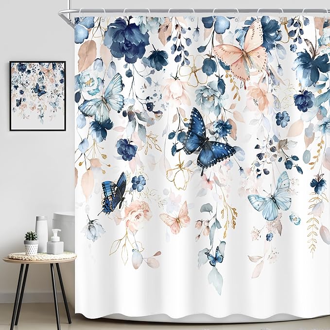 Blue Pink Floral Butterfly Shower Curtain 60Wx72L Inch Spring Summer Plant Natural Botanic Gold Green Leaves Bathroom Set Elegant Country Woman Girl Bath Curtain Bathtub Accessories Home Decor