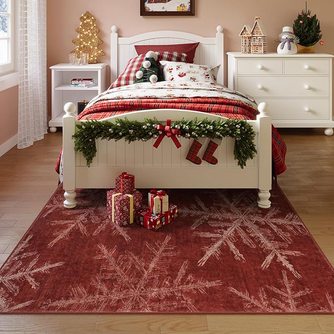 Lahome Snowflake Christmas Area Rugs, 5x7 Indoor Christmas Rug for Bedroom Non Slip Washable Living Room Rugs Holiday Decor Soft Red Rug Throw Carpet for Entryway Kitchen Dining Room(5'x 7',Red)