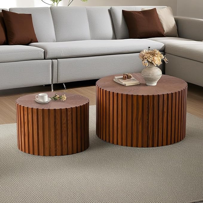 Modern Round Nesting Coffee Table Set of 2, Vertical Stripe Design Drum Coffee Table Cocktail Table, Round Side Table for Living Room, Bedroom, Office, Balcony (J19.7+27.6")