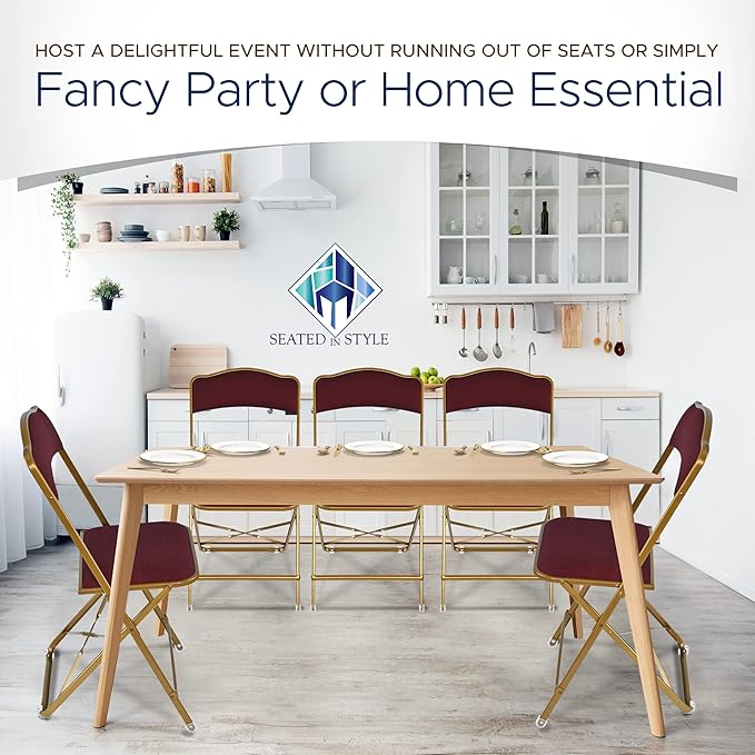 Folding Chairs with Padded Seats 4 Pack - Foldable Chair with Heavy-Duty Steel Frame, Elegant Party Bridge Chairs, Home, Office, Indoor Outdoor Events - Gold/Burgundy Fabric