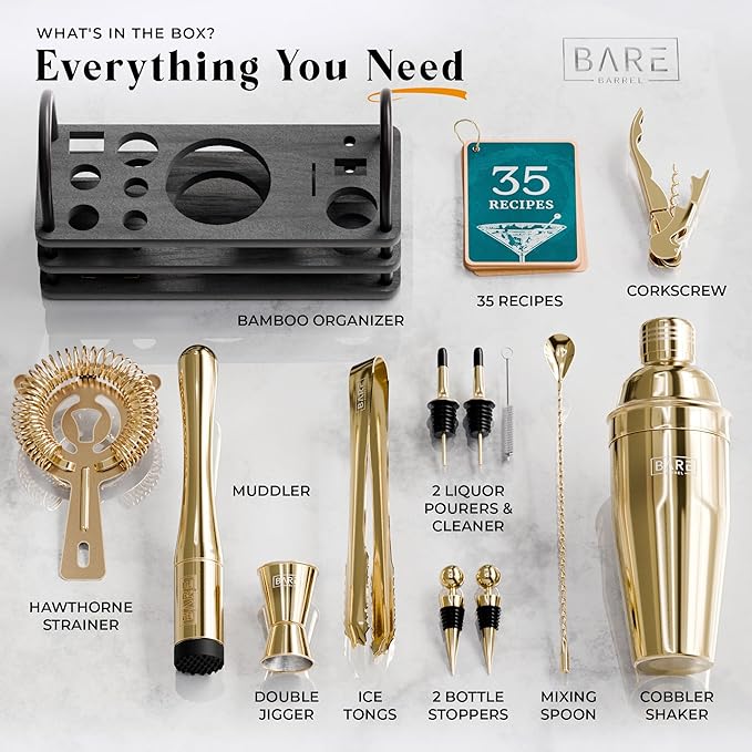 BARE BARREL® Mixology Bartender Kit Bar Set | 14-Piece Cocktail Shaker Set | Martini Barware Mixing Tools for Home Bartending | 35 Recipe Cards | Gift Set (24oz Cobbler Shaker, Gold/Black)
