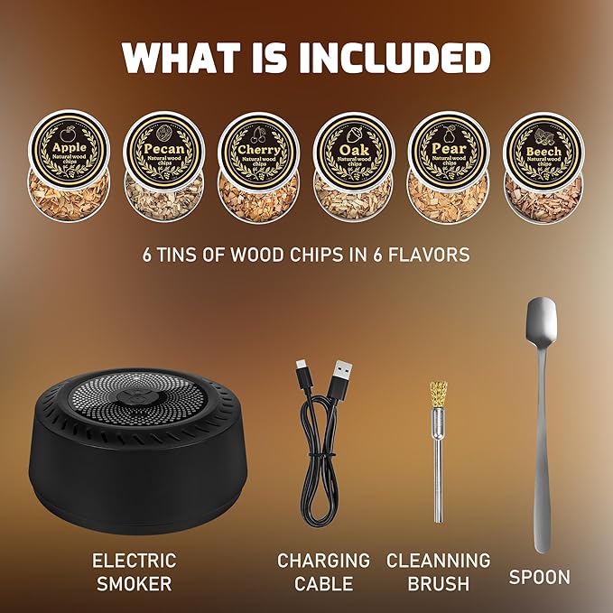 Electric Whiskey Smoker Kit, Rechargeable Cocktail Smoker Kit with 6 Wood Chips, Old Fashioned Smoker Kit Bourbon Drink Smoker Kit Birthday Christmas Gifts for Men, Dad, Husband (No Butane）