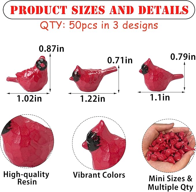 50PCS Small Cardinal Figurines for Christmas, Mini Cardinals, Resin Red Birds Miniatures, Festive Decor for Tree, Wreaths, Village Displays, Trays, Holiday Crafts